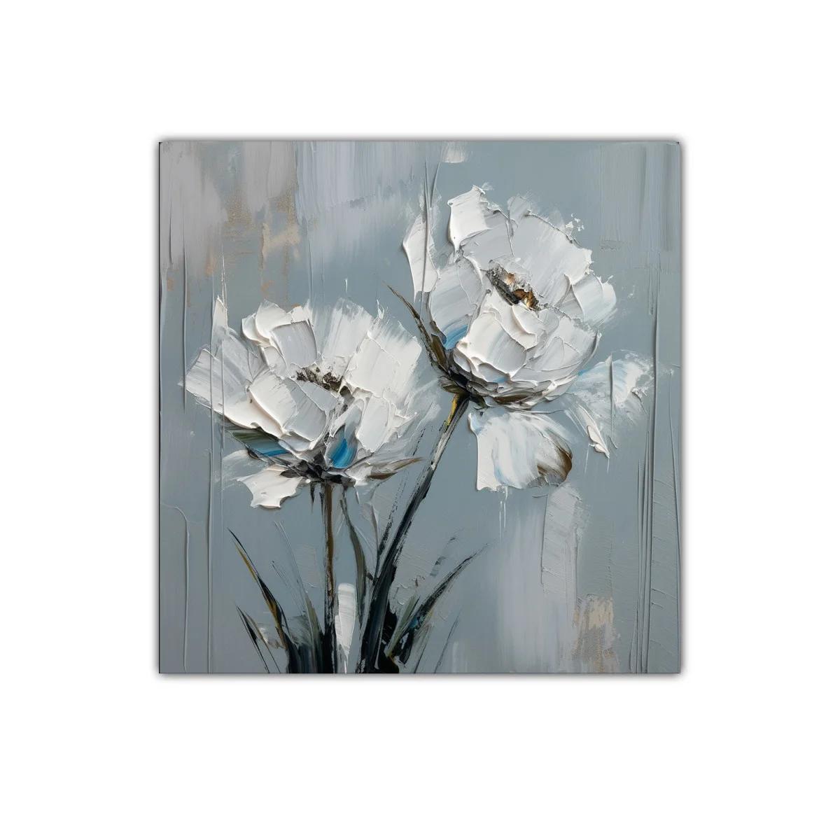 Cuadro moderno con flores blancas sobre fondo gris azulado