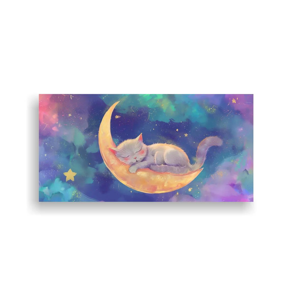 Cuadro gatito gris dormido sobre luna creciente dorada