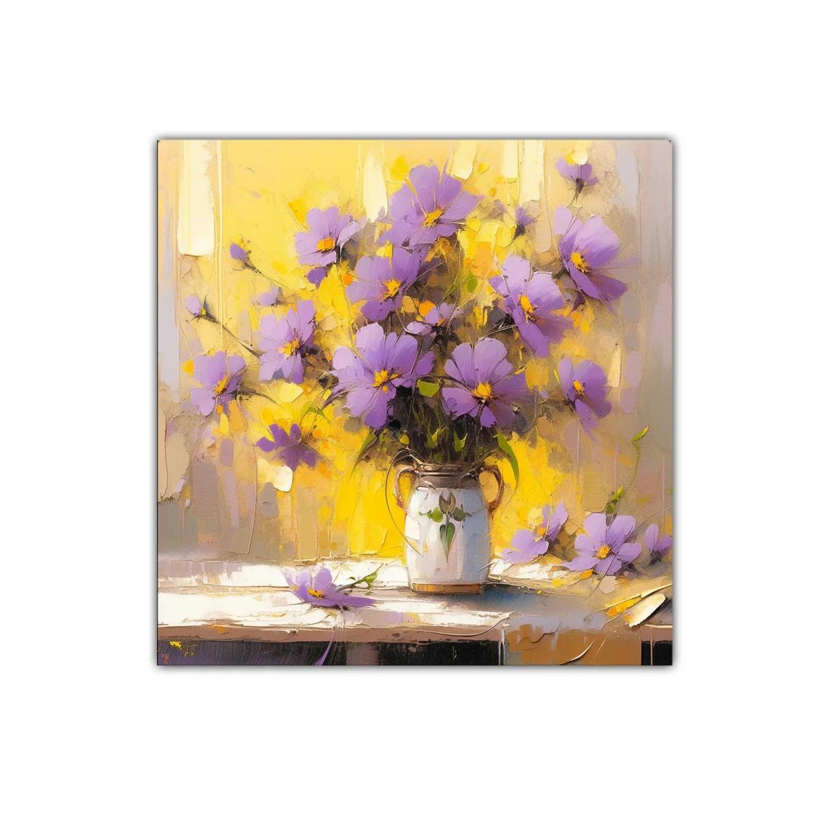 Ramo de flores lilas con fondo amarillo vibrante