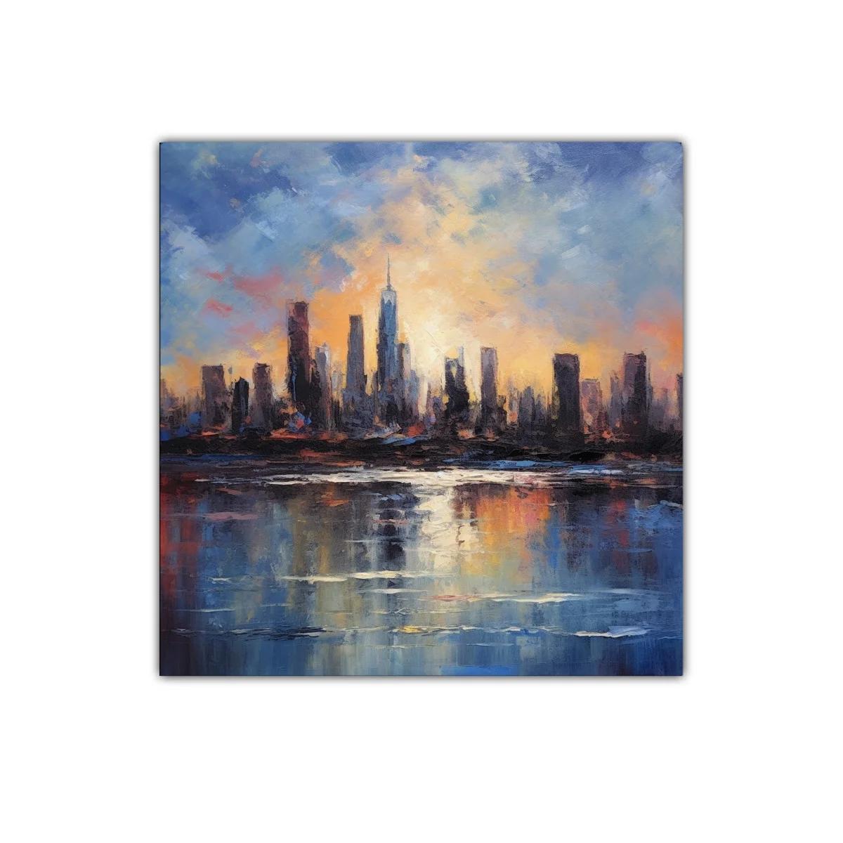Atardecer urbano con reflejos impresionistas vibrantes