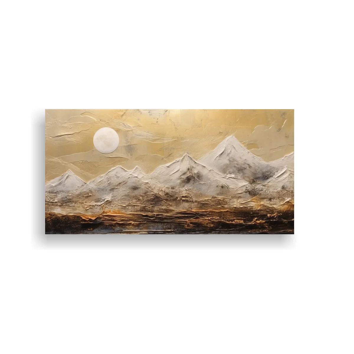 Cuadro cordillera nevada con cielo dorado