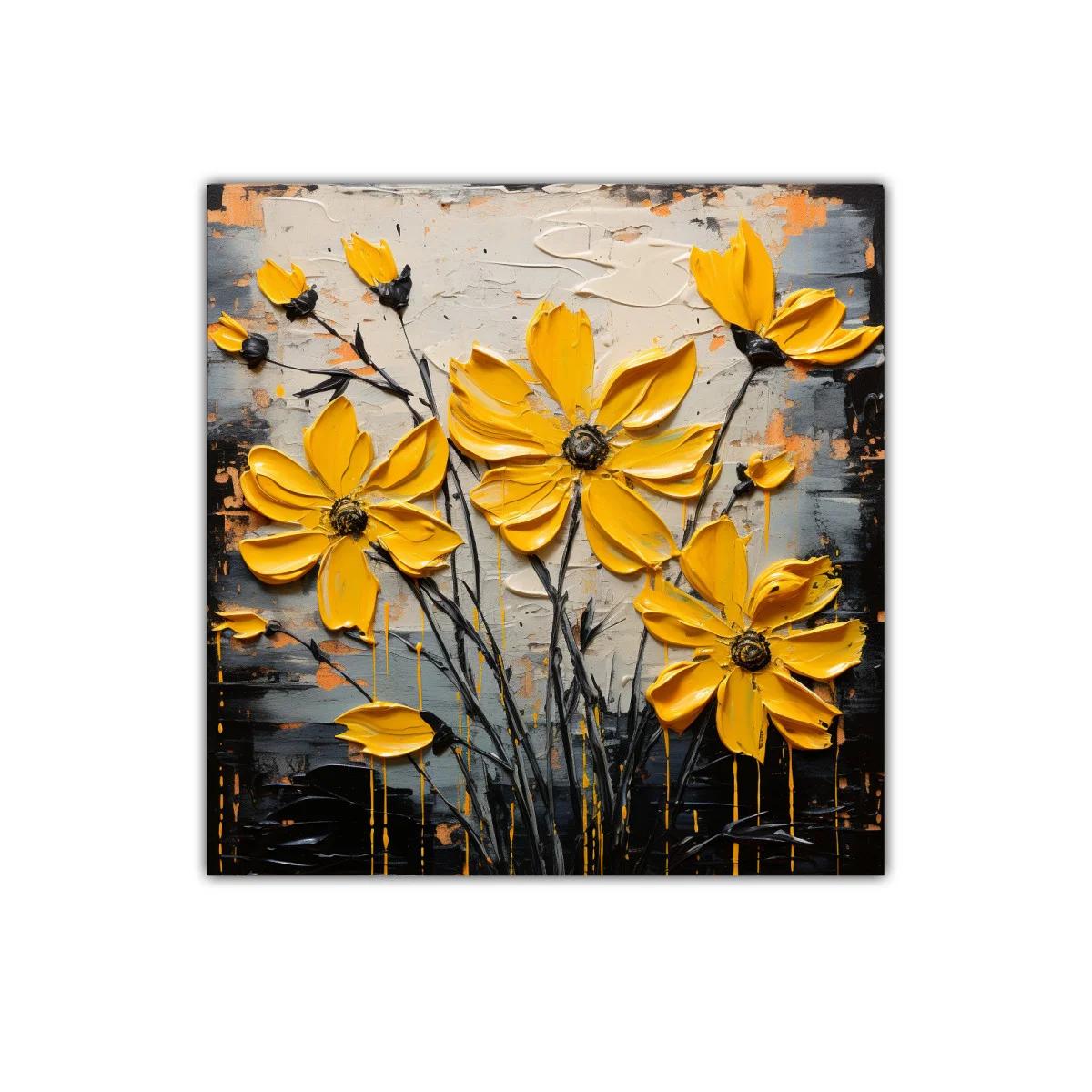 Cuadro moderno con flores amarillas vibrantes y fondo abstracto