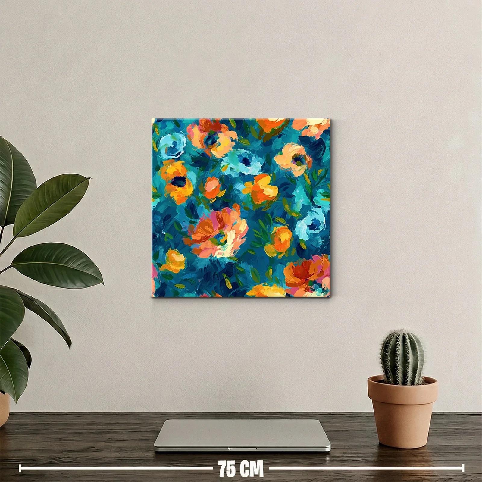 Cuadro floral vibrante con tonos azules y naranjas — miniatura 2