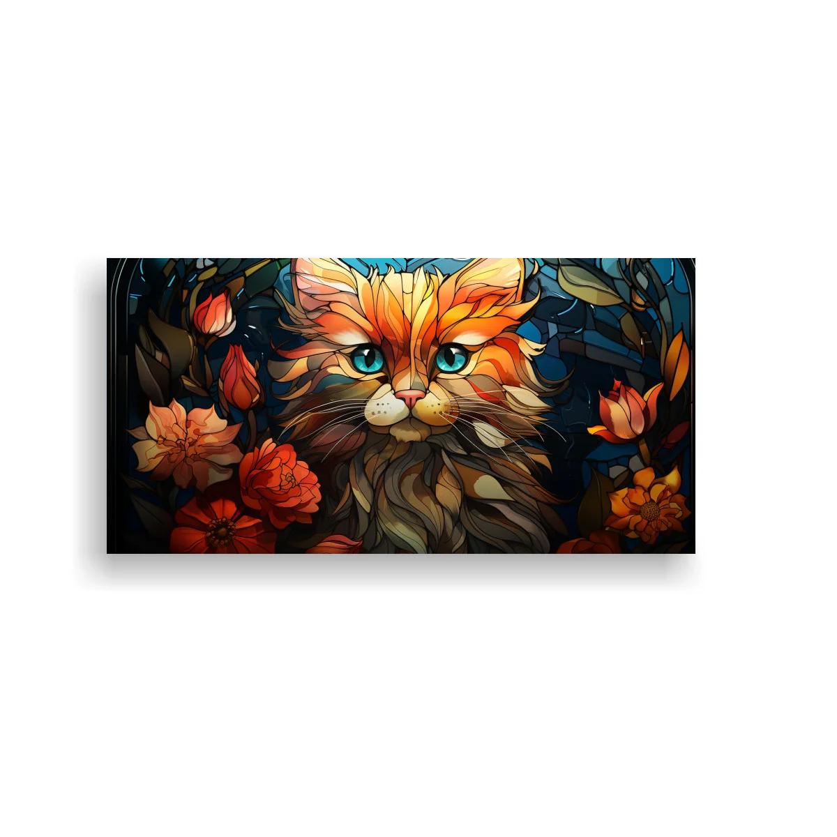 Cuadro gato de pelo largo naranja con flores y mirada turquesa