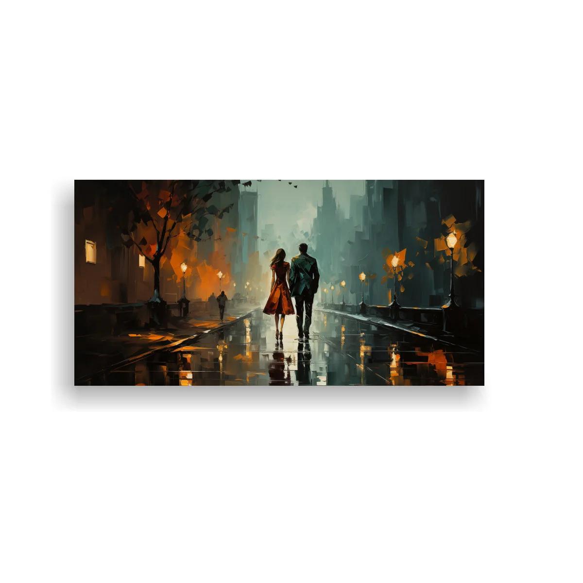 Cuadro pareja caminando bajo la lluvia con reflejos luminosos
