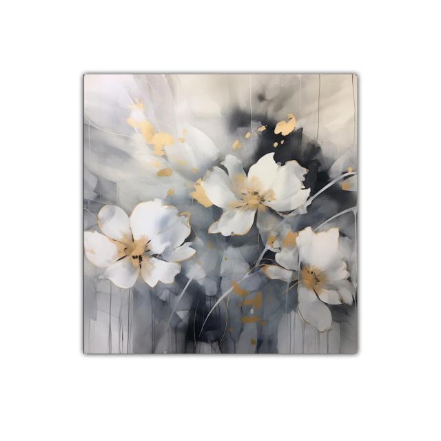 Cuadro decorativo con flores blancas y detalles dorados