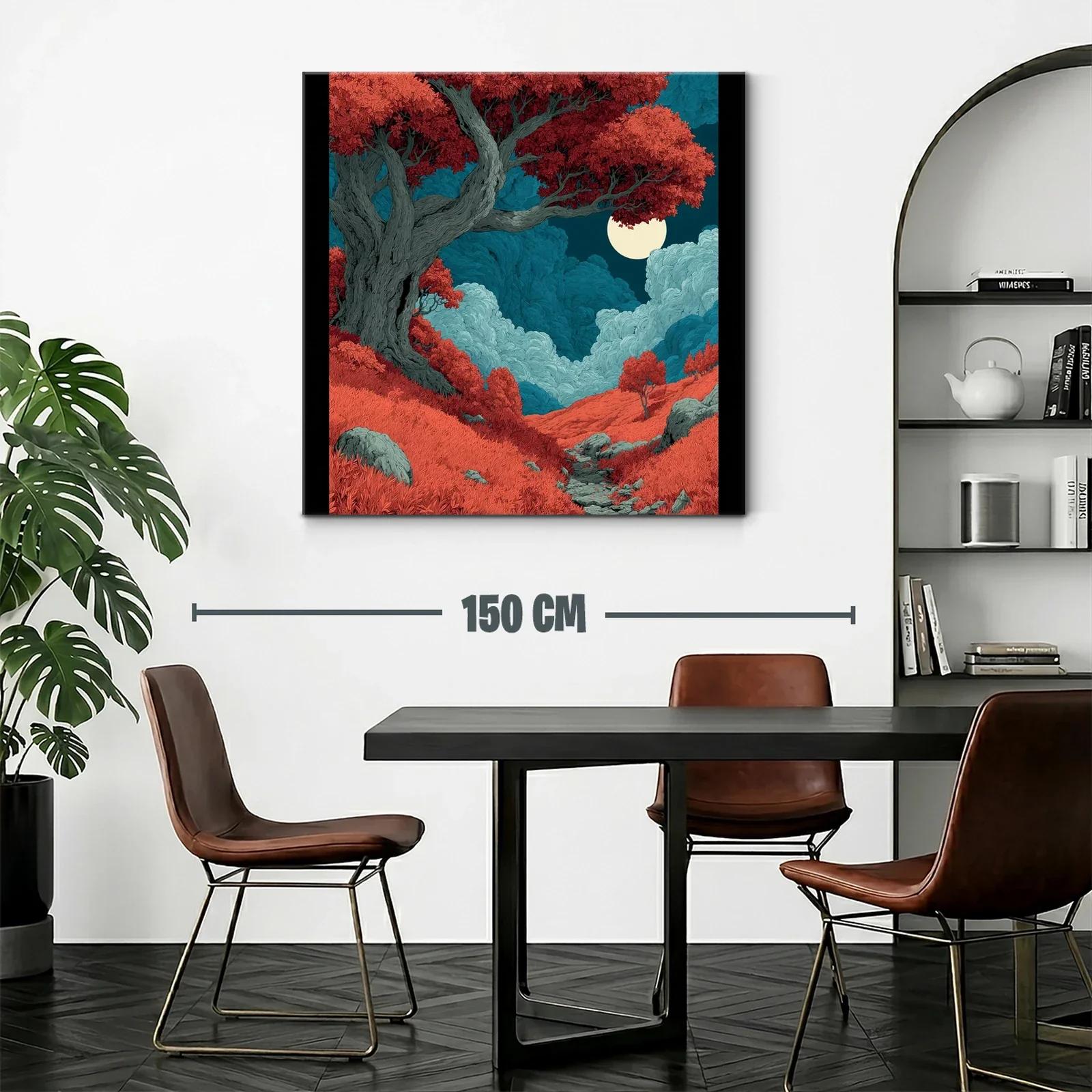 Paisaje mágico con árbol rojo y luna llena brillante — miniatura 2