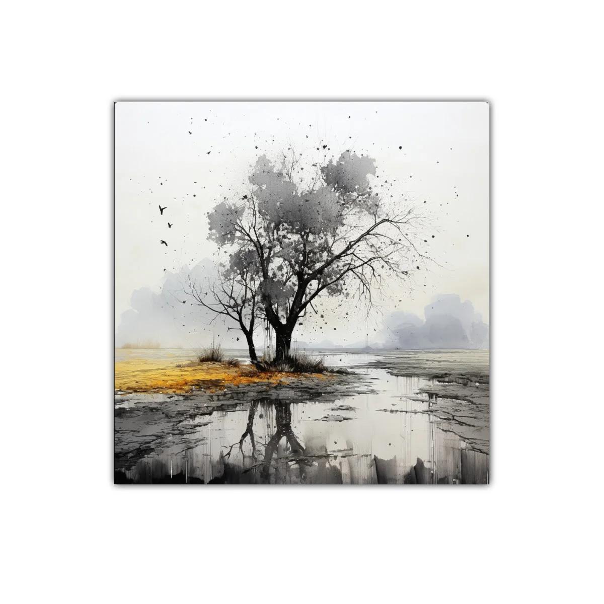 Paisaje sereno con árbol y reflejo en tonos neutros — imagen principal