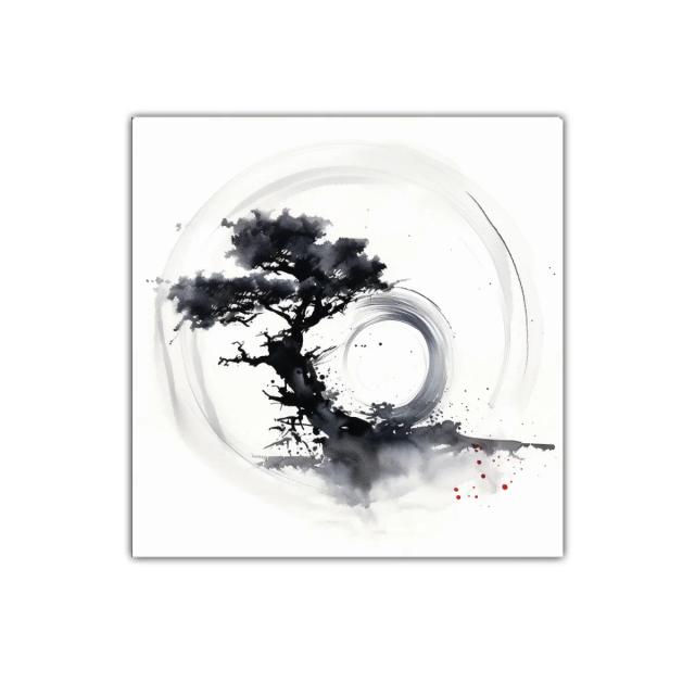 Cuadro árbol zen con círculo en tinta monocroma