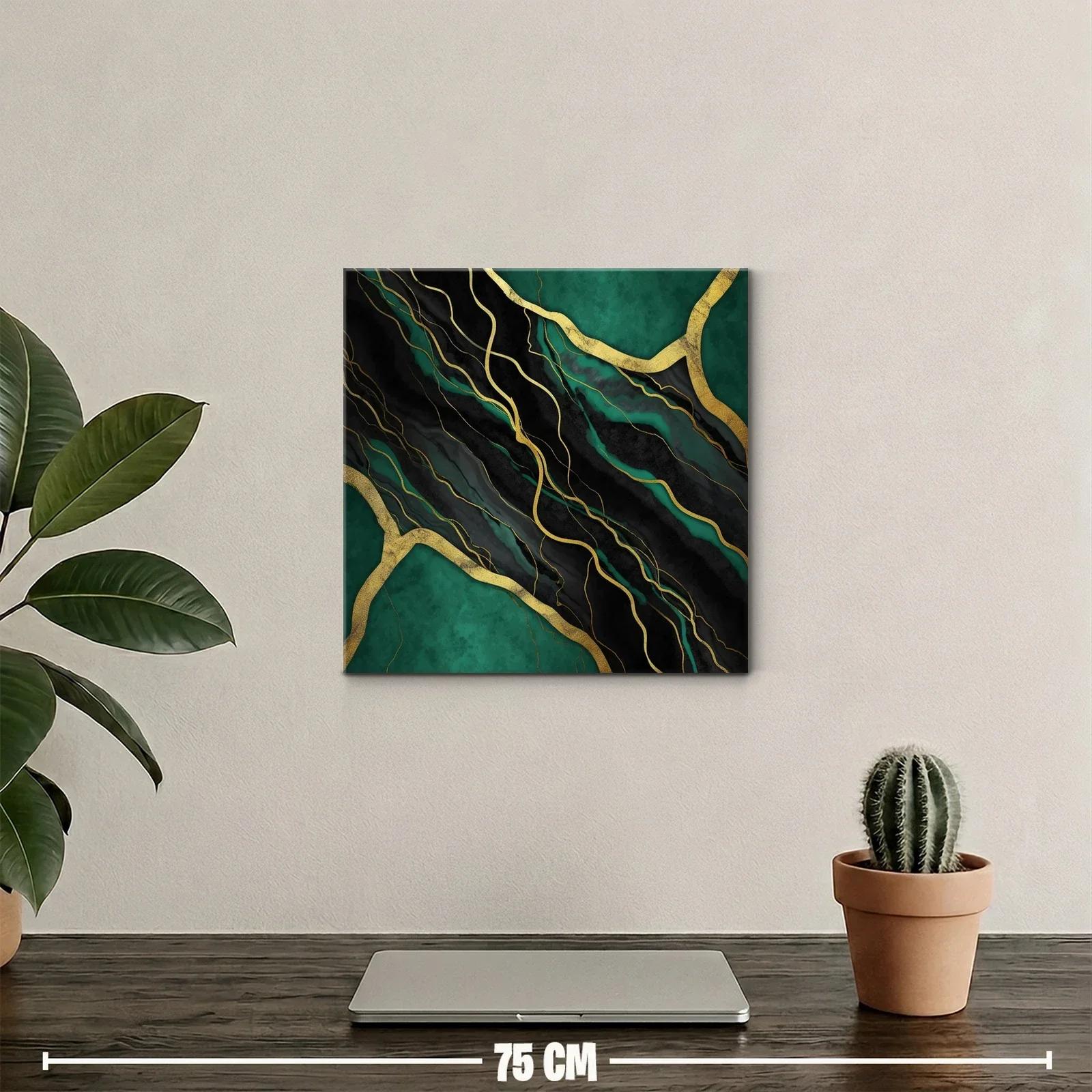 Cuadro abstracto en negro y verde con detalles dorados — miniatura 2