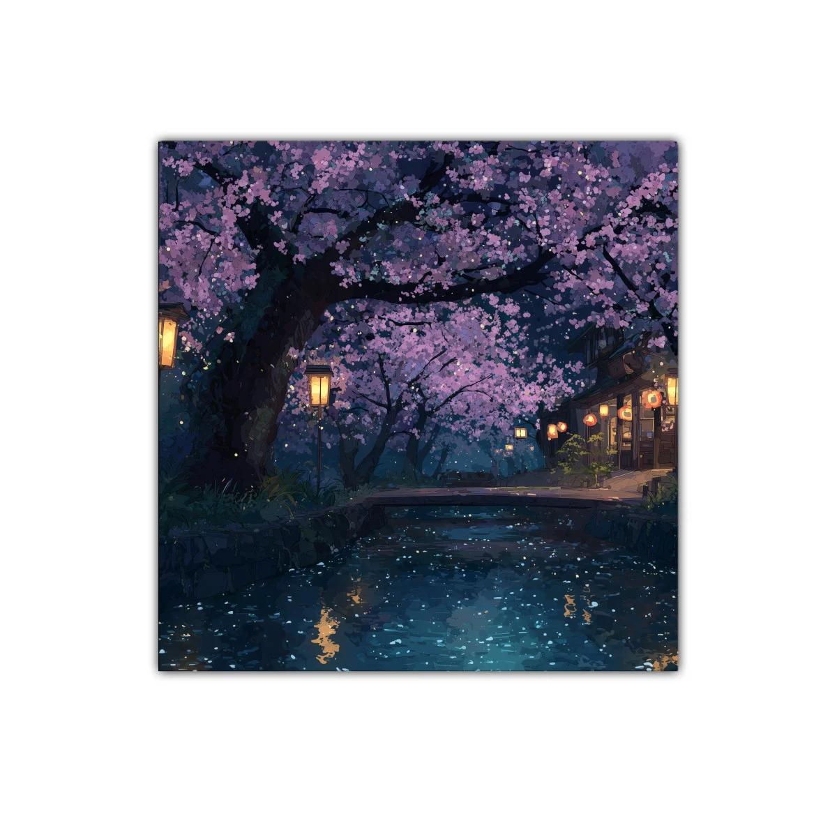 Noche mágica bajo cerezos en flor junto al río — imagen principal