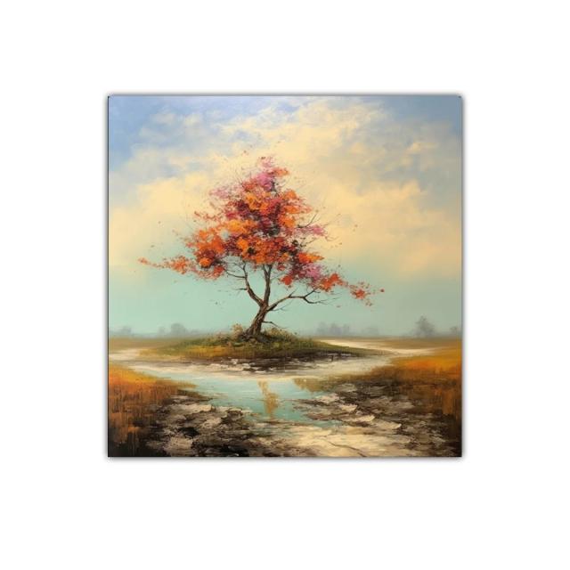 Árbol solitario con tonos otoñales y reflejos de agua