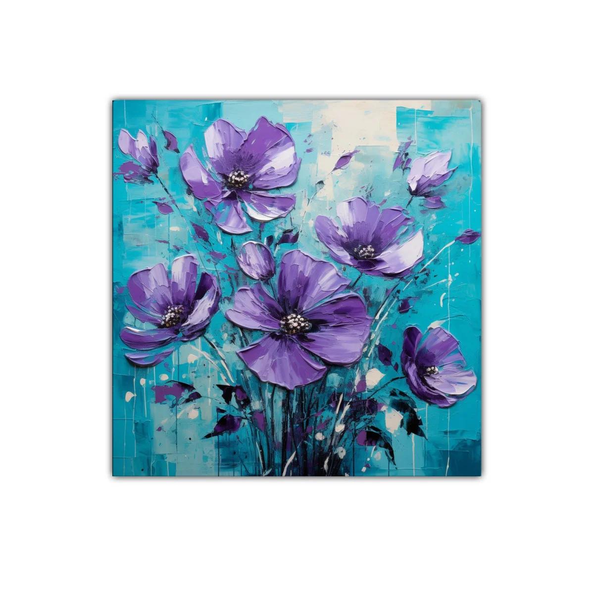 Cuadro decorativo con flores moradas sobre fondo azul vibrante — imagen principal