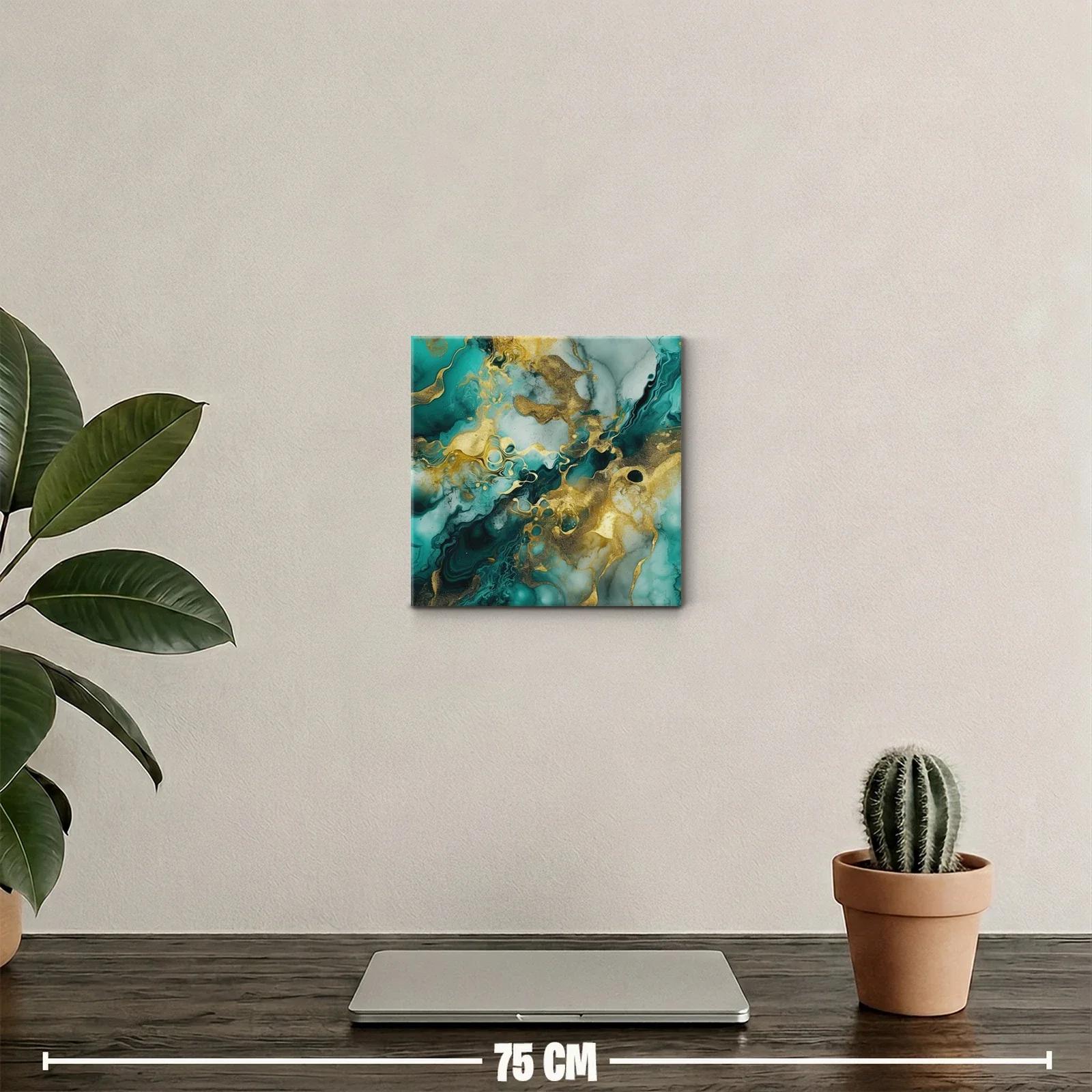 Cuadro abstracto con dorado y tonos verdes marinos vibrantes — miniatura 2
