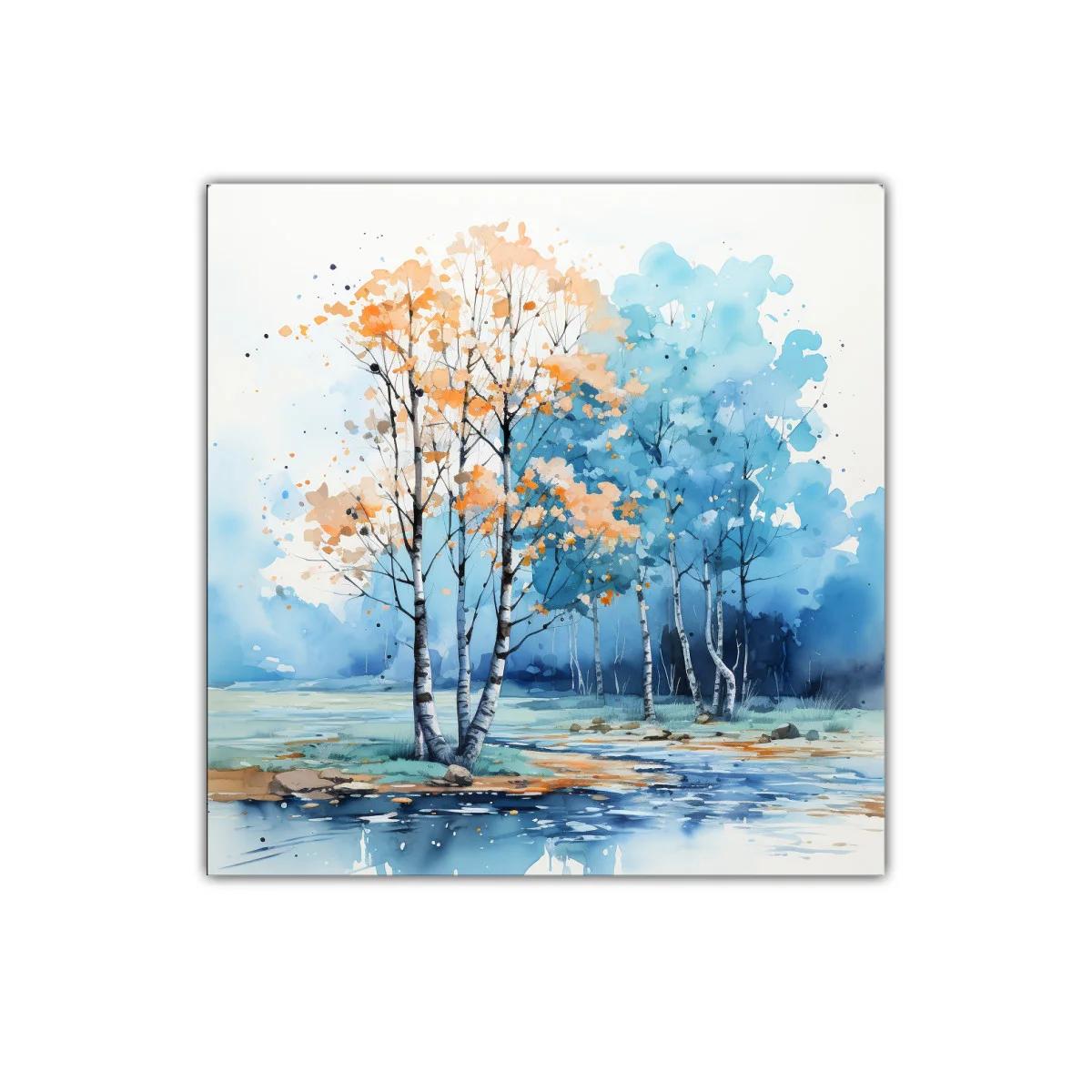 Paisaje de árboles dorados junto a un lago azul tranquilo — imagen principal