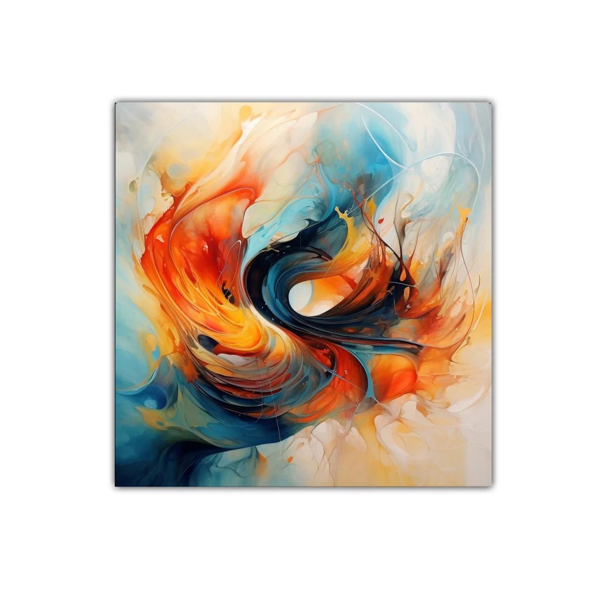 Cuadro abstracto con vibrantes tonos cálidos y fríos en movimiento