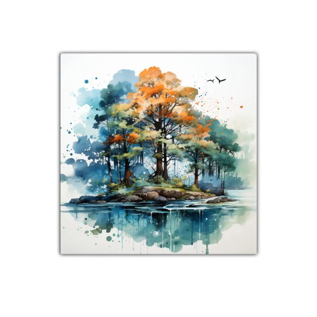 Bosque encantado con colores otoñales y reflejos en agua