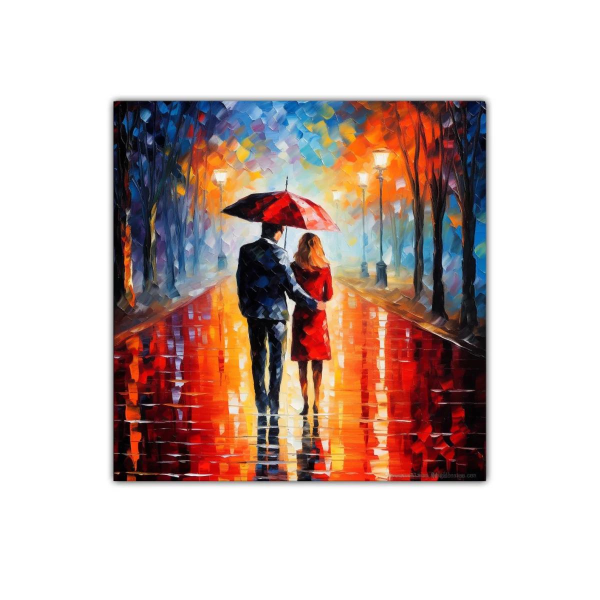 Romántico paseo nocturno bajo la lluvia con paraguas rojo — imagen principal