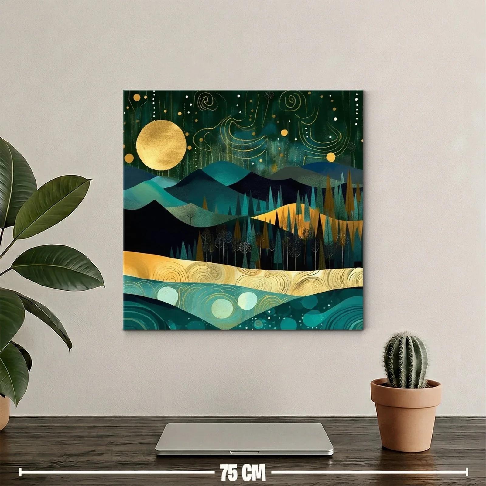 Paisaje nocturno con luna dorada y montañas estilizadas — miniatura 2
