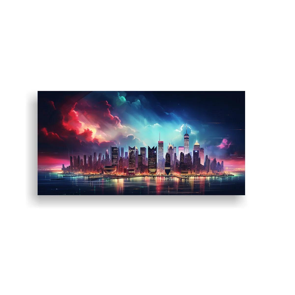 Cuadro skyline futurista con cielo tormentoso y reflejos en el agua — imagen principal