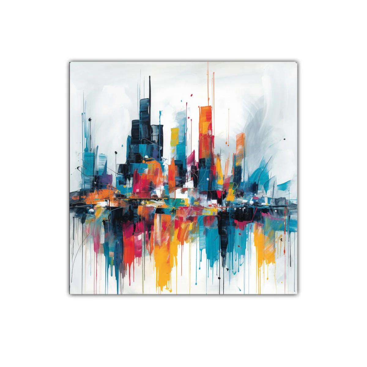 Ciudad vibrante en colores intensos y reflejos dinámicos