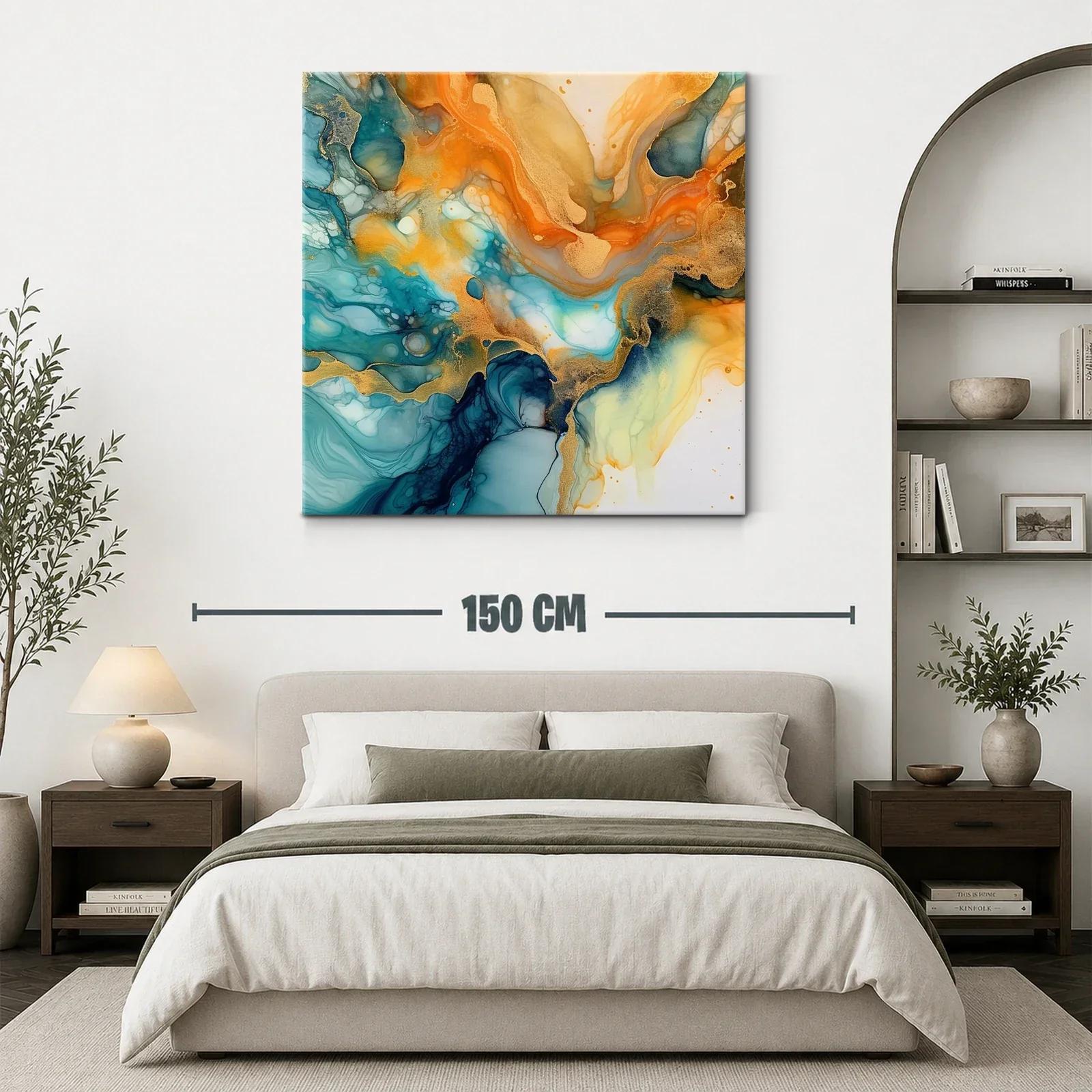 Cuadro abstracto en tonos turquesa y dorado vibrante — miniatura 3