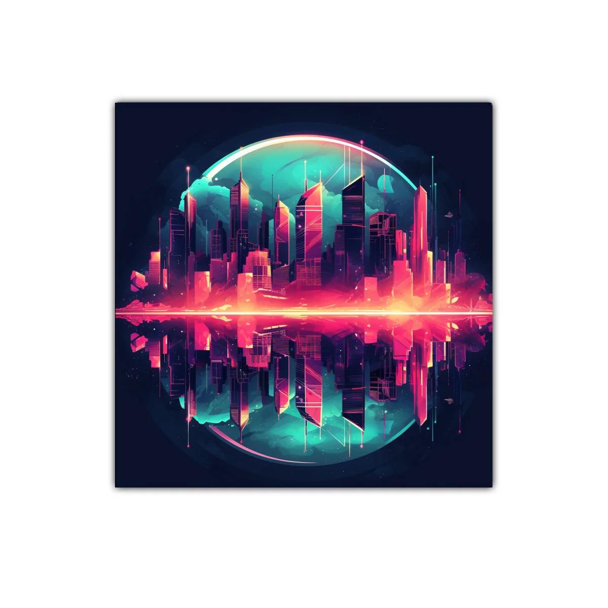 Ciudad futurista con reflejos vibrantes y luz neón