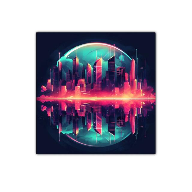 Ciudad futurista con reflejos vibrantes y luz neón