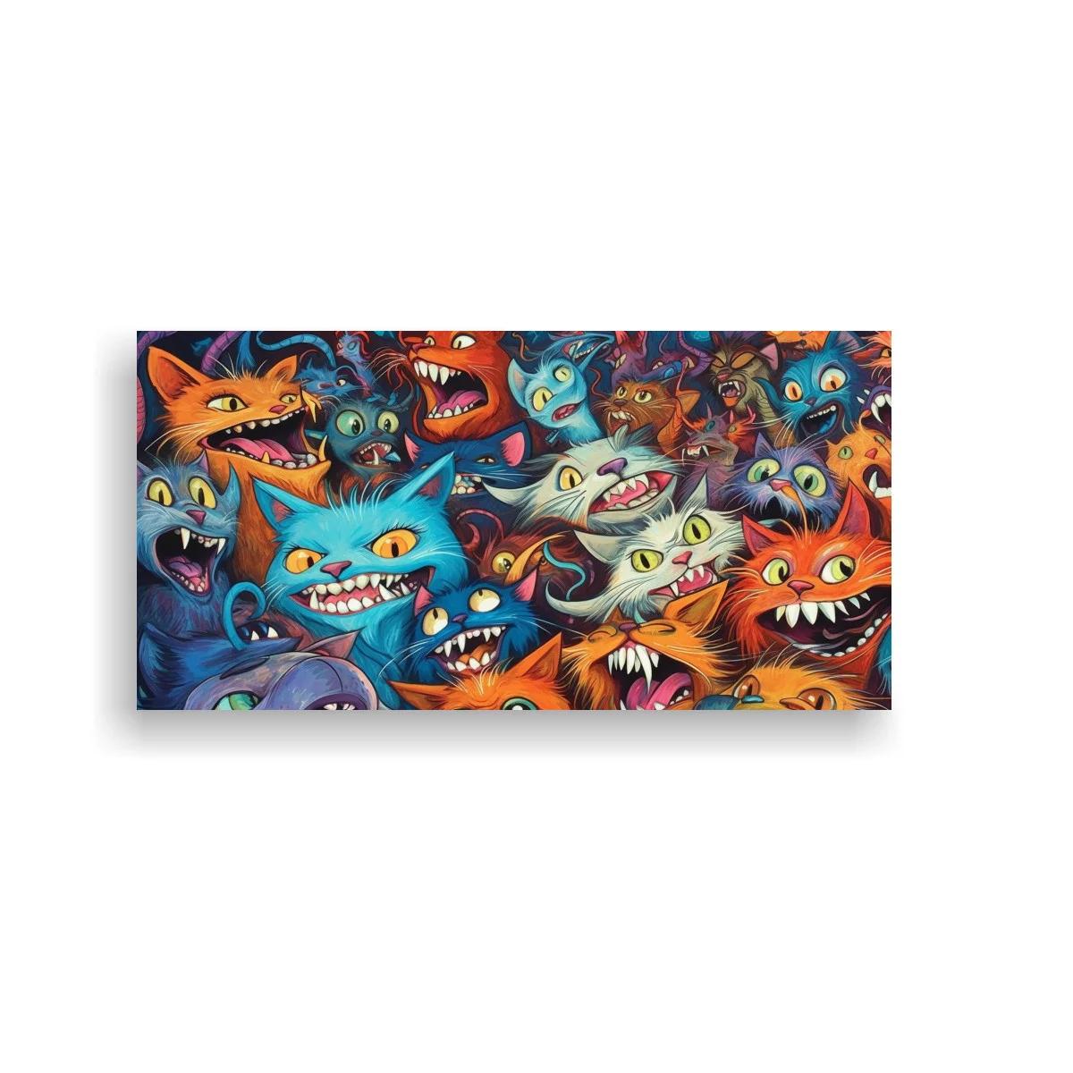 Cuadro grupo de gatos caricaturescos con colmillos