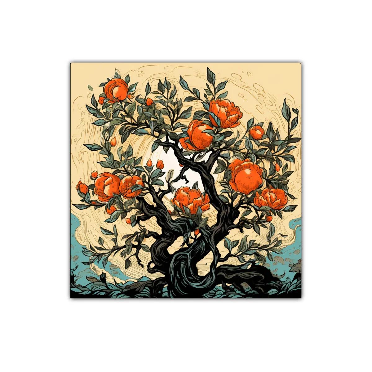 Árbol con flores naranjas y ramas retorcidas en fondo cálido — imagen principal
