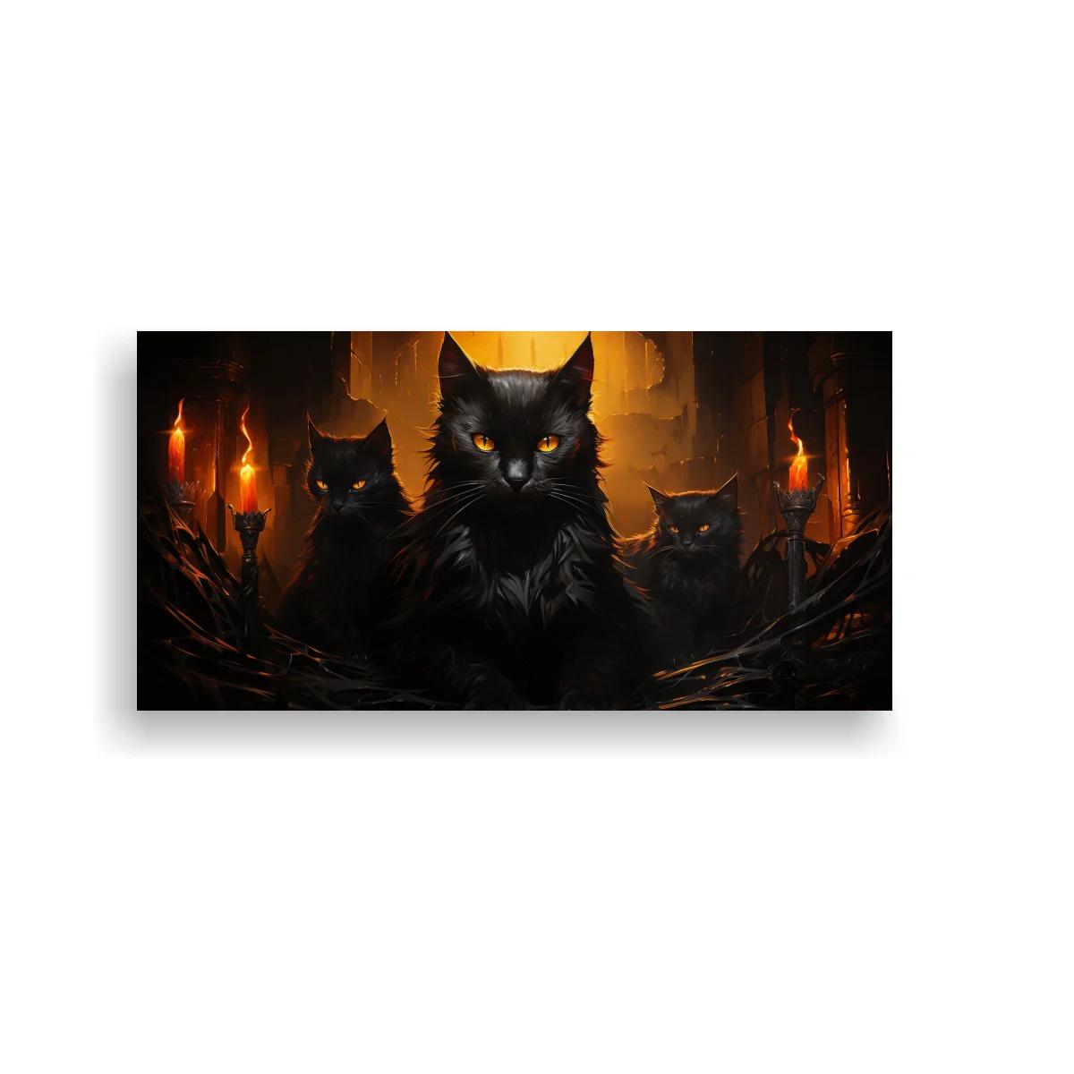 Cuadro gato negro de ojos brillantes rodeado de velas