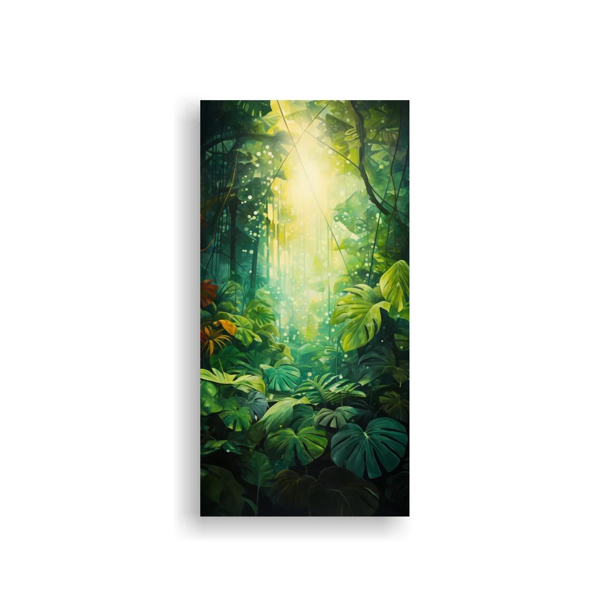 Cuadro selva tropical con luz dorada entre el follaje