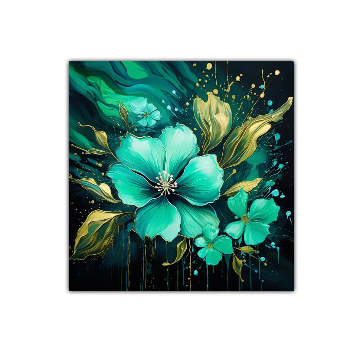 Flores turquesa con detalles dorados en fondo oscuro — imagen principal