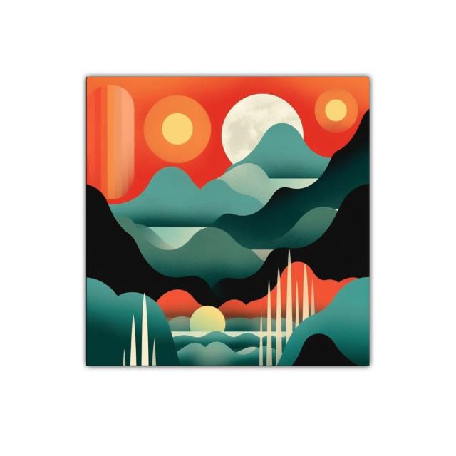 Cuadro moderno con paisaje abstracto y sol brillante