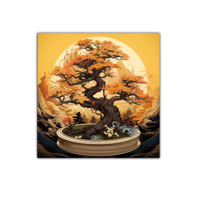 Cuadro decorativo árbol bonsái con tonos cálidos dorados