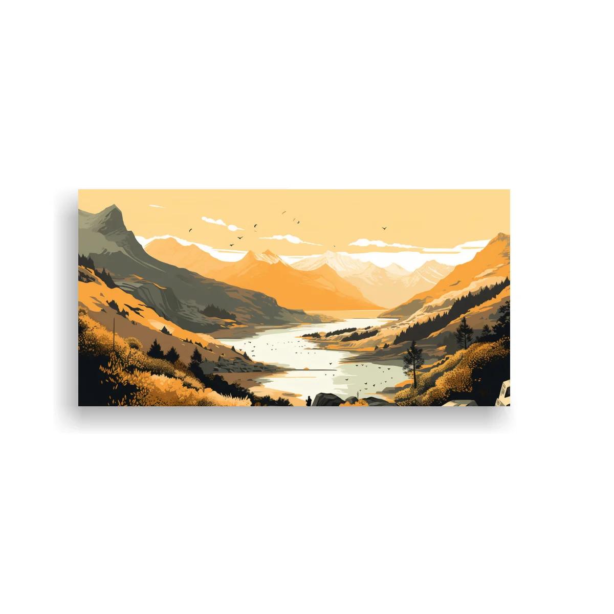 Cuadro paisaje de lago entre montañas con agua serpenteante