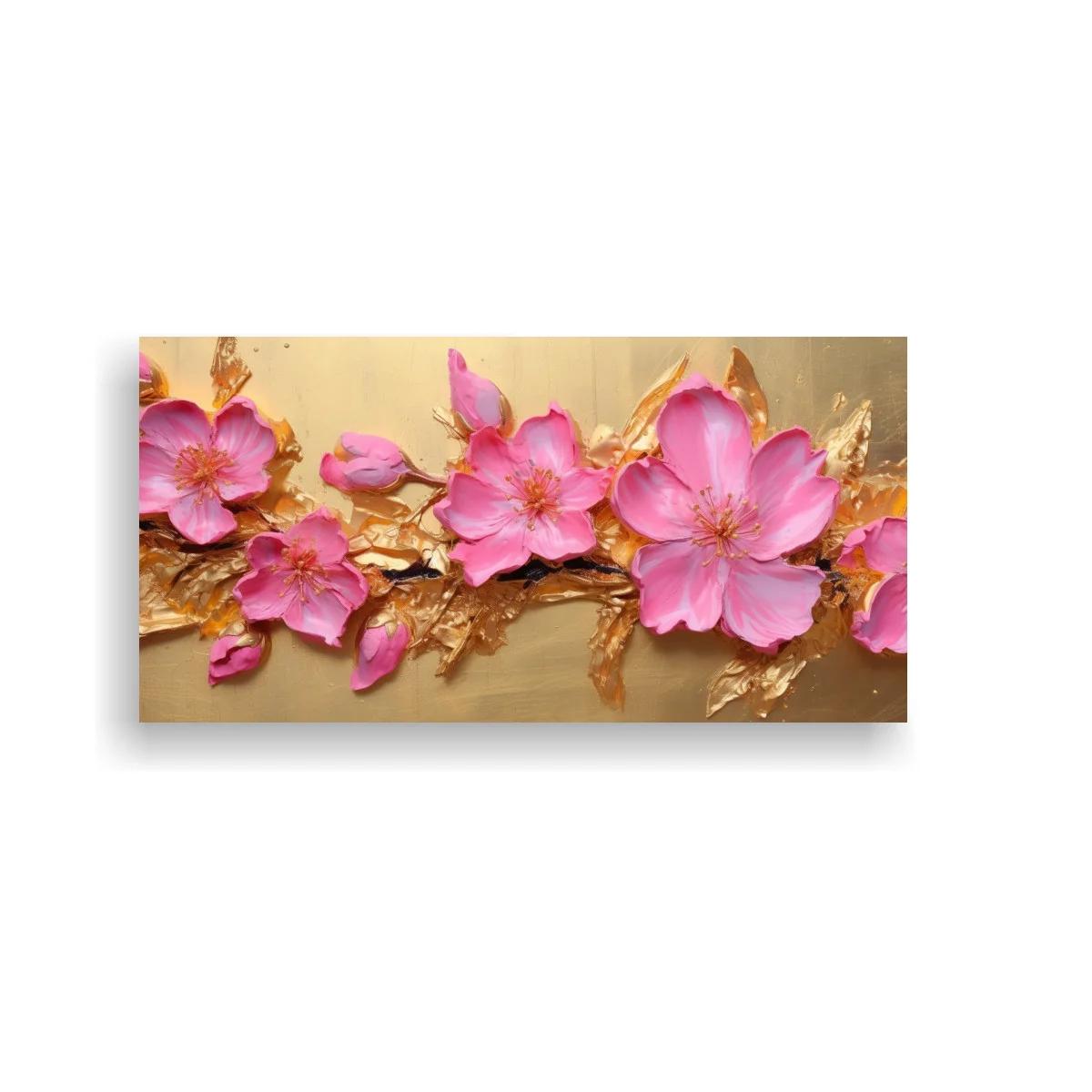 Cuadro flores de cerezo rosadas con hojas doradas