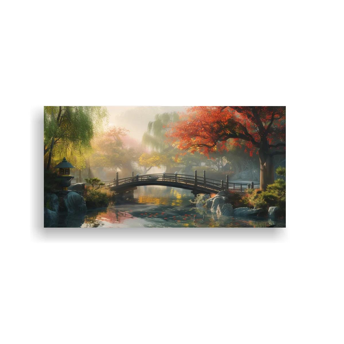 Cuadro puente de jardín con follaje otoñal rojo