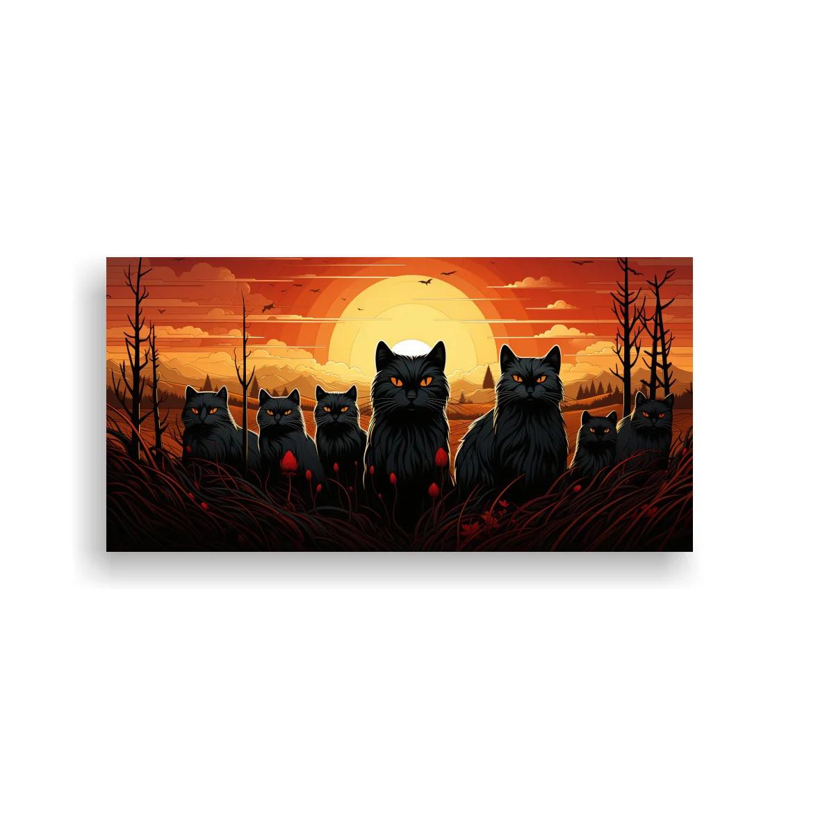 Cuadro grupo de gatos negros con hierba larga y disco luminoso