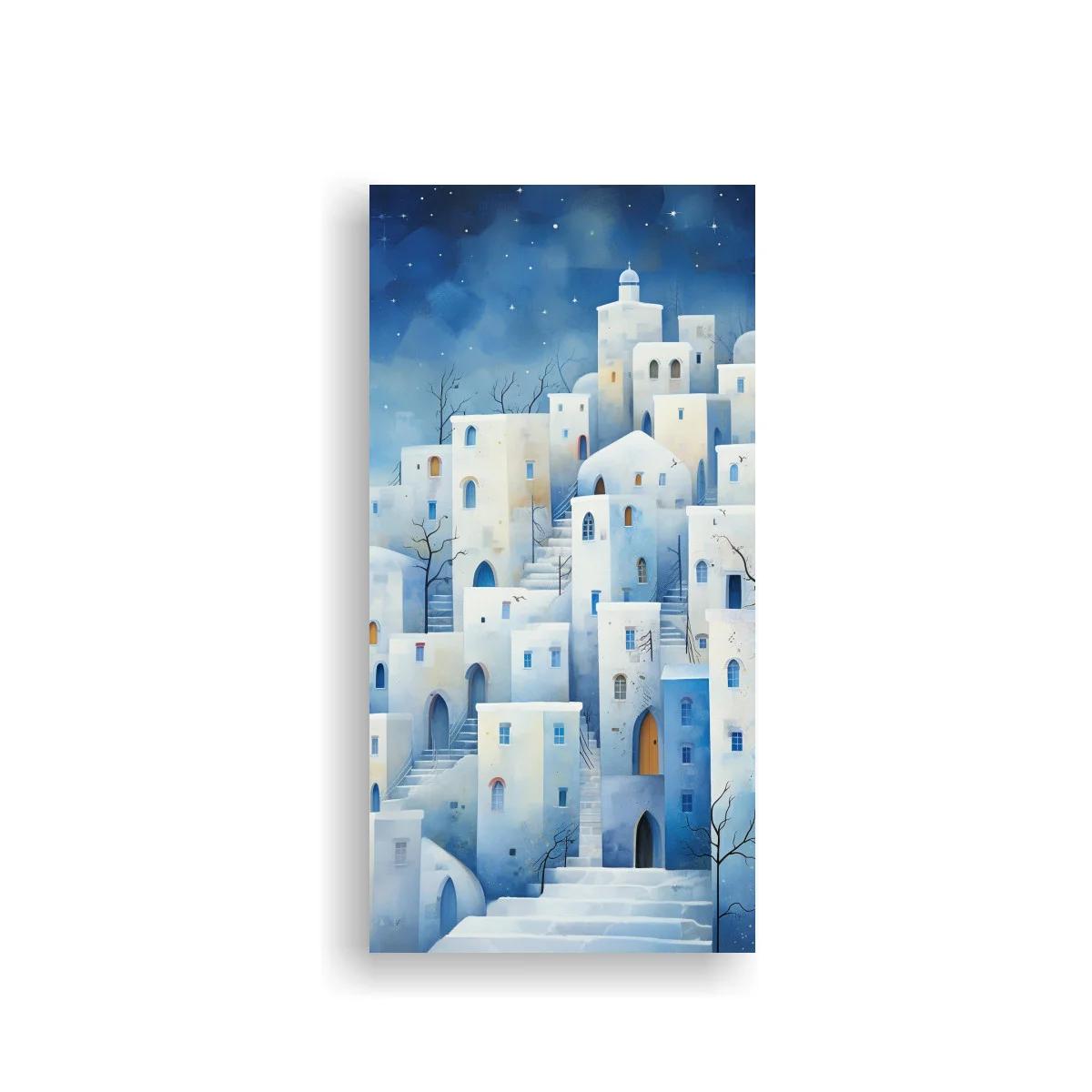 Cuadro pueblo mediterráneo blanco con arcos y cielo estrellado