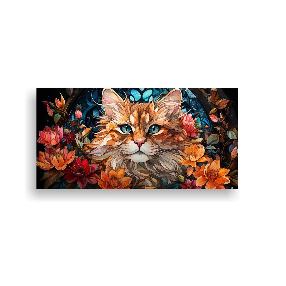 Cuadro gato naranja de pelo largo entre flores y follaje