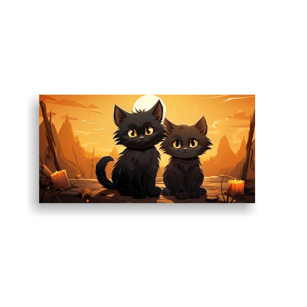 Cuadro dos gatos negros con montañas y cielo anaranjado — imagen principal