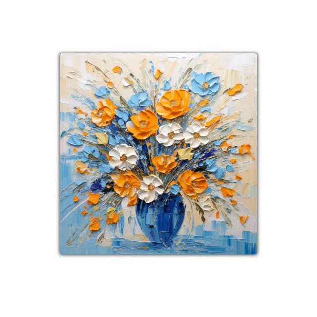 Flores vibrantes en jarrón azul con tonos cálidos y frescos