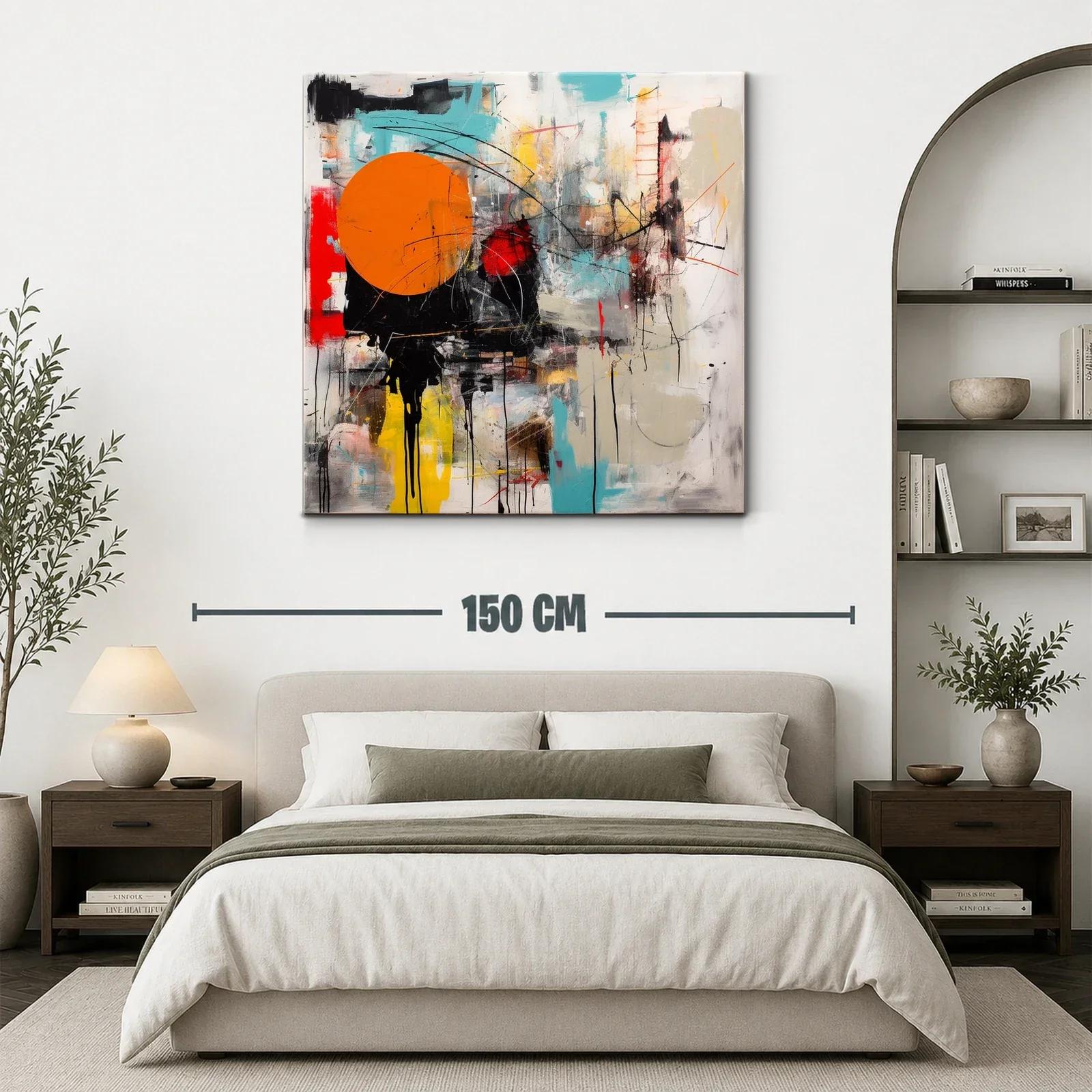 Cuadro abstracto con círculo naranja y trazos dinámicos — miniatura 3