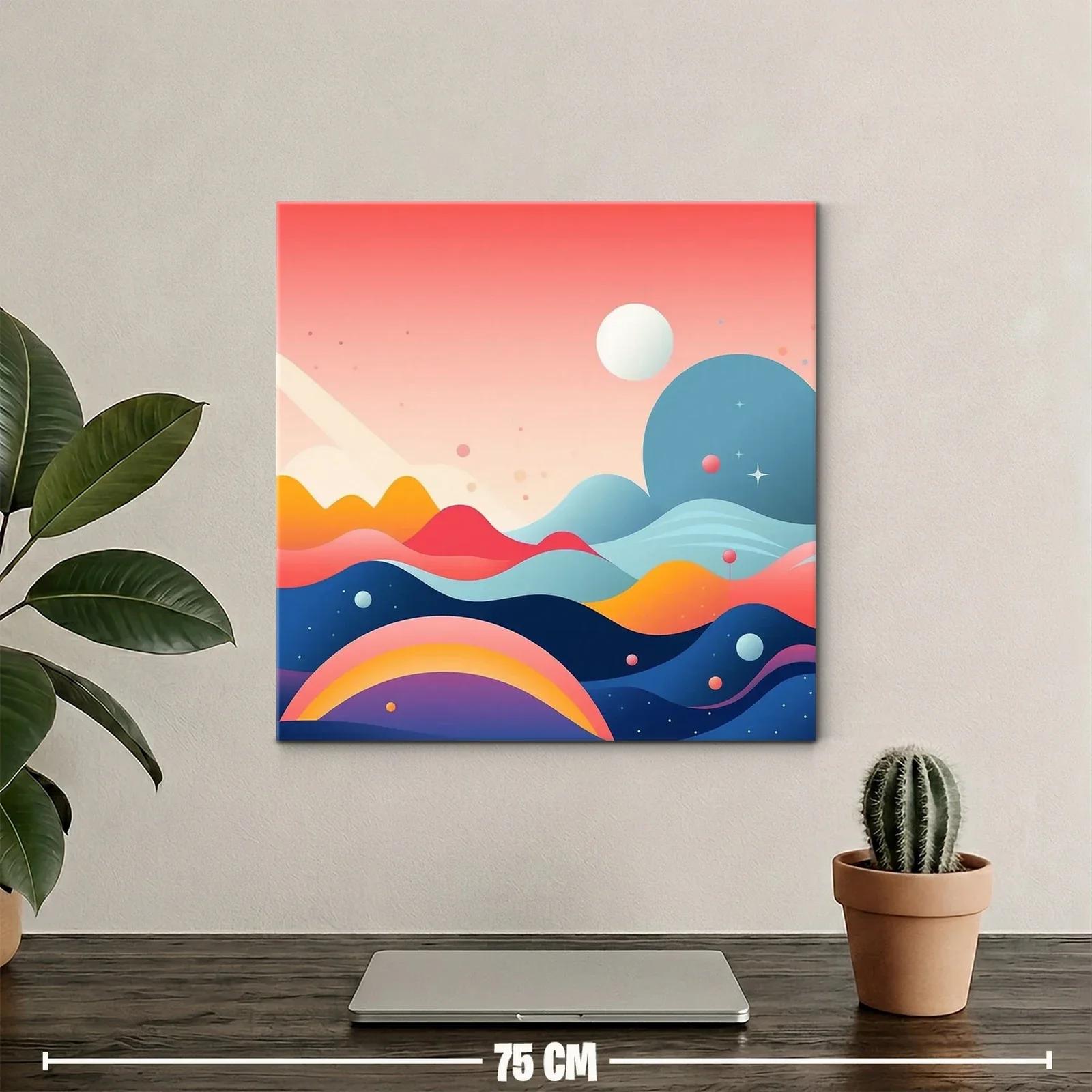 Cuadro abstracto con montañas y planetas en tonos vibrantes — miniatura 2