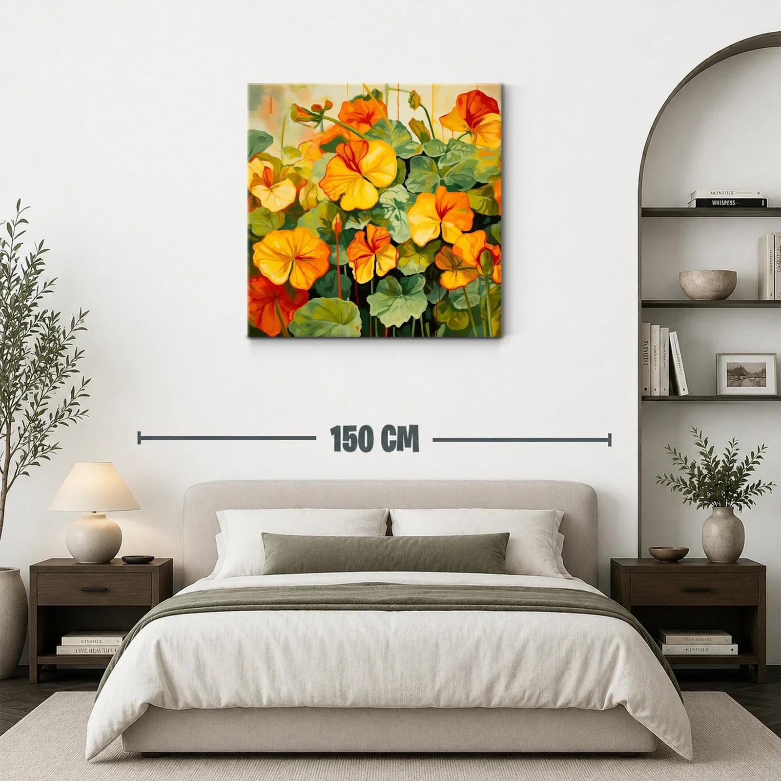 Cuadro vibrante con flores en tonos cálidos y hojas verdes — miniatura 3