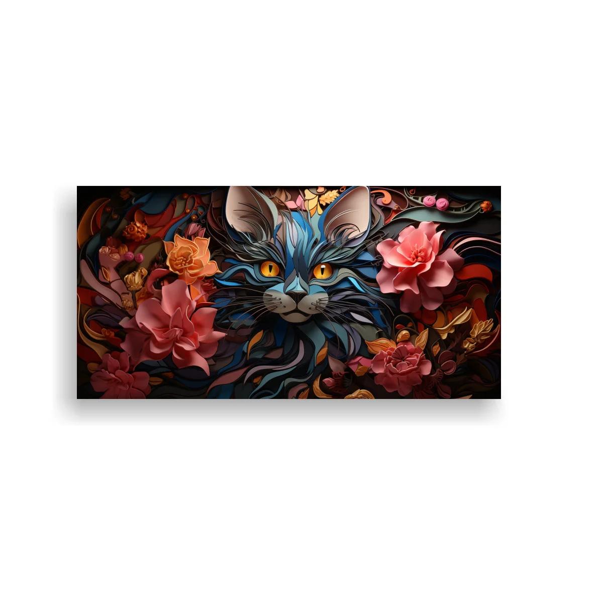 Cuadro gato de ojos ámbar rodeado por flores y follaje — imagen principal