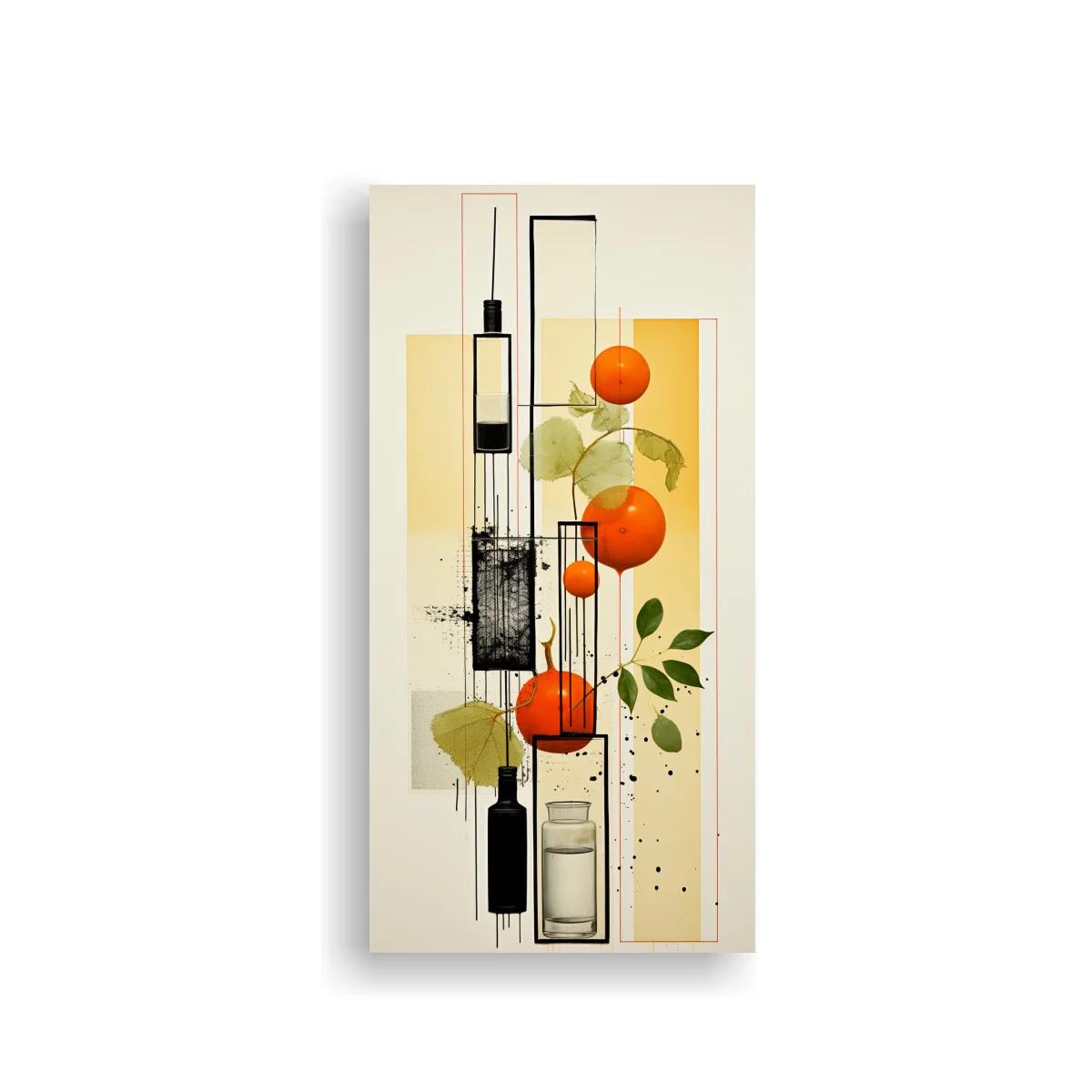 Cuadro rama con naranjas y botellas geométricas