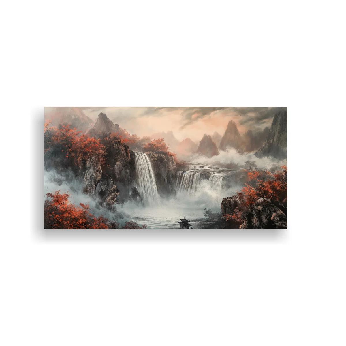 Cuadro cascada entre montañas con pagoda