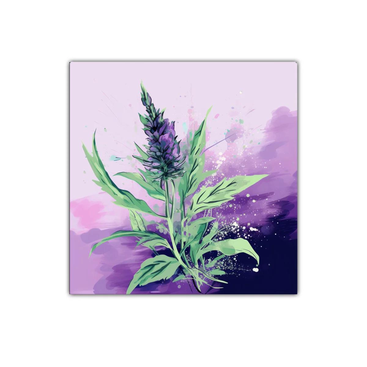 Decorativo cuadro con ramo de flores en tonos lilas y verdes
